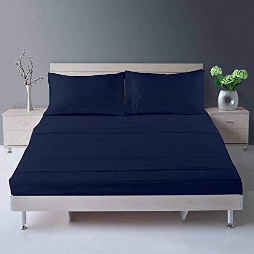 Image of Bed Sheet Double Size Cotton - Pure Egyptian Cotton Double Size BedSheet with Pillow Cover - Solid Navy 600 Thread Count - Stain Resistant, Skin Friendly, Organic Cotton BedSheet