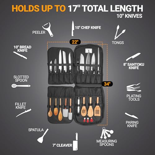 Chef Knife Bag | Premium Knife Case | Waterproof Material | Chefs Case with 30+ Pockets for Knives & Utensils | Culinary Gifts For Chefs & Students | Sturdy Travel Knife Bag (Black)