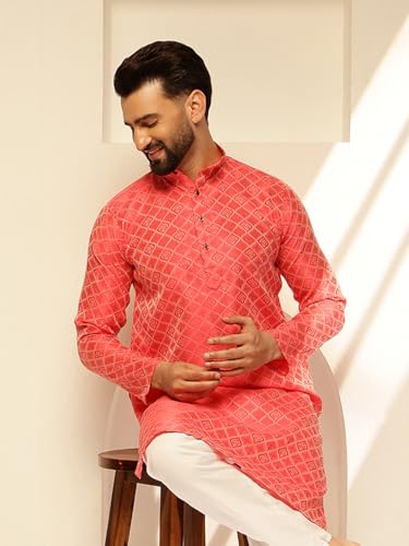 Image of SOJANYA (Since 1958 Men's Jacquard Silk Woven Motifs Kurta With White Pyjama