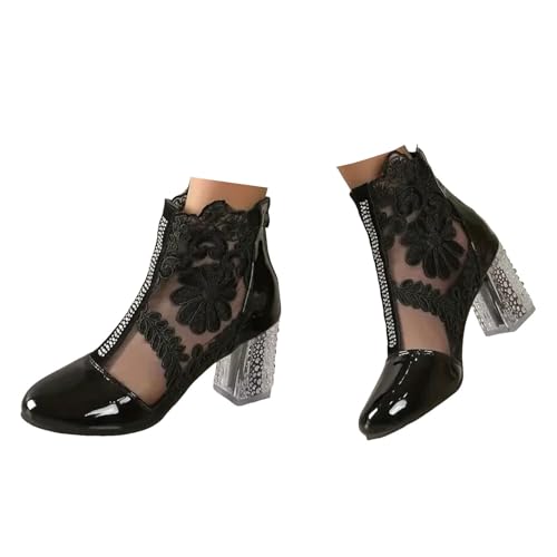 Xbemkste Bottines pour femme - Tige courte - Élégantes - Dentelle - Fleurs - Talons hauts - Maille - Strass - Soirée - Chaussures de mariée - Chaussures de...