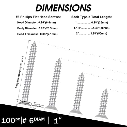 Image of White Head 100 PCS #6X1 Stainless Steel Phillips Flat Head Wood Screws,Stainless Steel 18-8 A2(304) Screw,Home Screw Kit by QISHENG