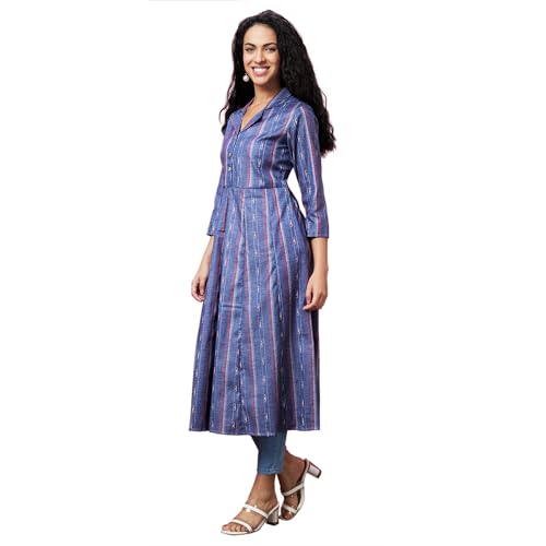 Image of Globus Women Green Casual Striped Lapel Shirt Collar 3 /4th Sleeve A-Line Kurta-3639791001
