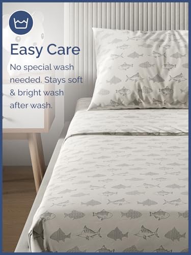 Image of Kids Twin XL Size Gray Fish Bed Sheets - 3 Piece Kids Gray Fish Sheet Set | Gray Fish Themed Bedding, Ultra-Soft, Cute & Cozy, Breathable & Machine Washable, Bed Set for Boys, Girls & Teens, Breathable