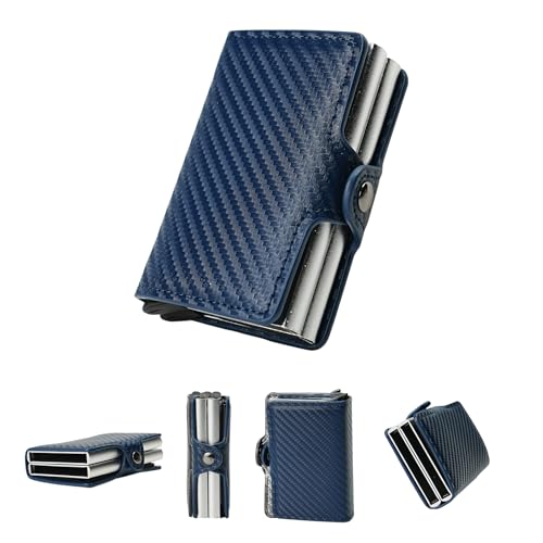 Leather Wallets for Men with Slim Pop Up Card Holder for 14-16 Cards，RFID Blocking Bifold Minimalist Smart Wallet，Credit Card Holder with Cash Slot gifts for men (Carbon Blue)