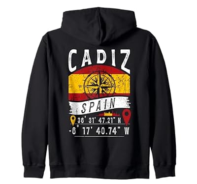 Cádiz Bandera España Coordenadas GPS de Cádiz Sudadera con Capucha | Ya disponible en tu tienda friki favorita! En mundofriki.es!