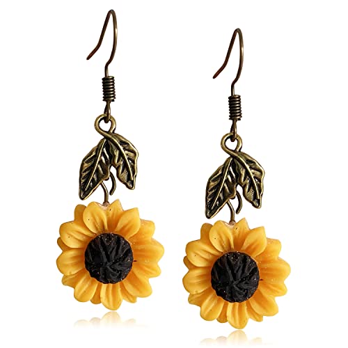 Handmade Resin 3D Sunflower Daisy Flower Dangle Drop Earrings Vintage Silver Leaf Bohemian Little Daisy Flower Hook Earring for Women Cute Elegant Summer Boho Jewelry