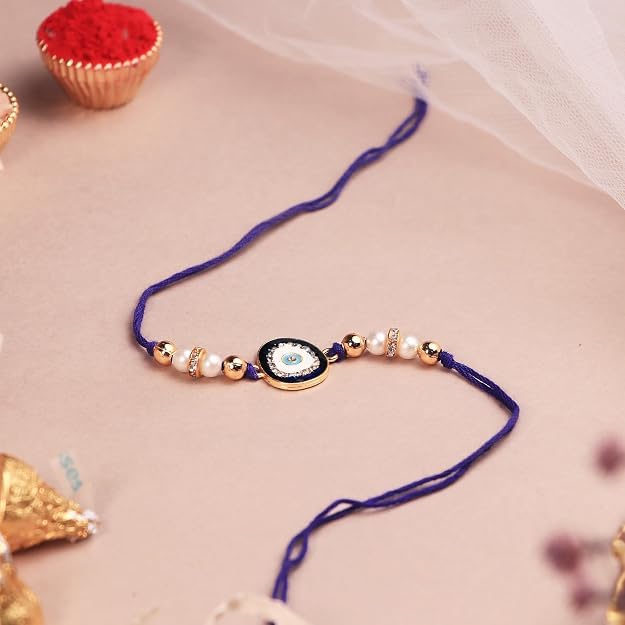 Image of Art Street Evil Eye Rakhi Gift Hamper with Personalized Acrylic Photo Frame, Evil Eye Rakhi, Greeting Card, Roli Chawal & Premium Gift Box | Raksha Bandhan Gift for Brother
