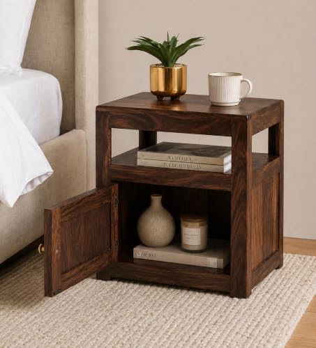 Image of Solid Sheesham Wood Bedside Table with Cane Door | Wooden Nightstand with Open Shelf & Storage Cabinet | Modern Side Table for Bedroom & Living Room