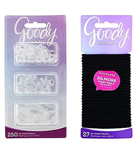 Goody Women's Ouchless Multi Clear Polyband Elastics, 250 Count with Goody Ouchless Women's Braided Elastic Thick, Black, 27 Count, 4MM for Medium Hair