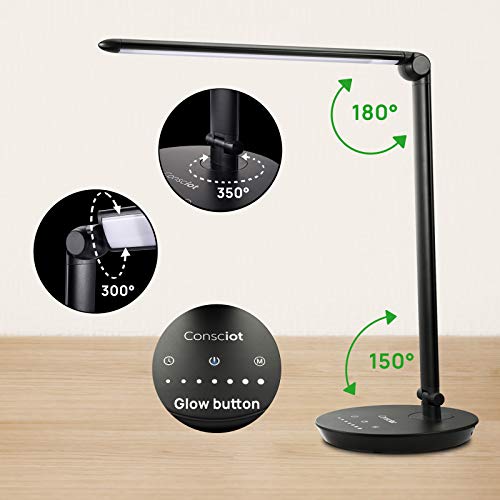 Led Desk Lamp, Consciot 12W Desk Light With Usb Charging Port, 5 Lighting Modes 7 Brightness Levels, Dimmable & Adjustable, Touch-Sensitive Control, 30/60 Min Auto Timer, Black #TOP3