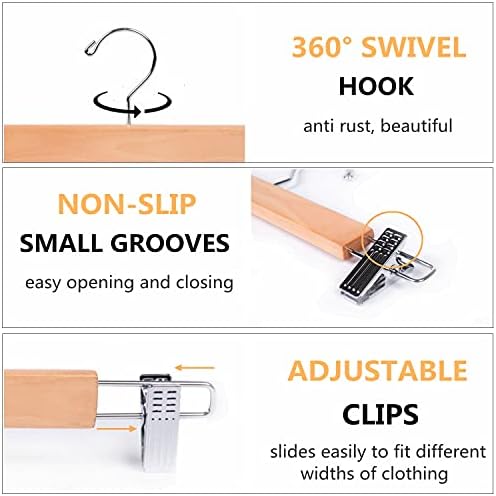 Amber Home 36cm Natural Wooden Pants Hangers 20pcs, Smooth Wood Skirt Hanger Organizer with Adjustable Anti-Slip Chrome Clips, Space Saving Solid Clothes Hangers Rack for Bottoms Jeans Slacks Trousers