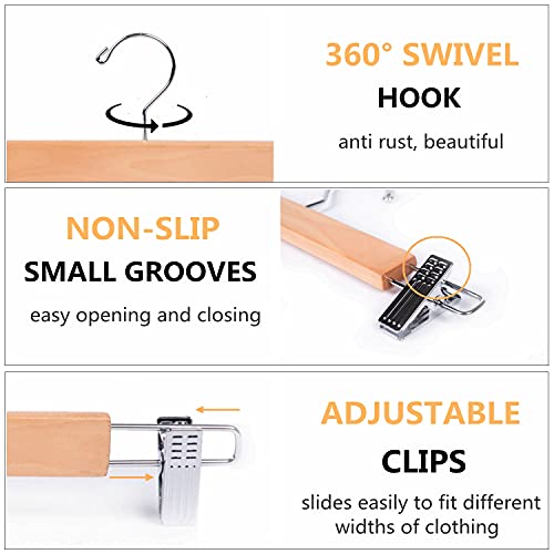 Miniatura 4 de Amber Home 10 Unidades 36cm Perchas De Madera Natural, Robusta Y Brillante Percha Para Pantalones Shorts Faldas Calcetines Y Ropa Interior, Con Clips Antideslizantes Y Ganchos Giratorios