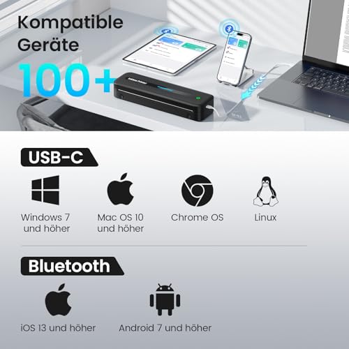Mobiler Thermodrucker A4 für Unterwegs, Büro & Zuhause, Keine Tinte, Kabellos Bluetooth Tragbarer Drucker 300 DPI Kompatibel mit IOS & Android, Mit Tragekoffer und 4 Rollen Thermopapier - Schwarz