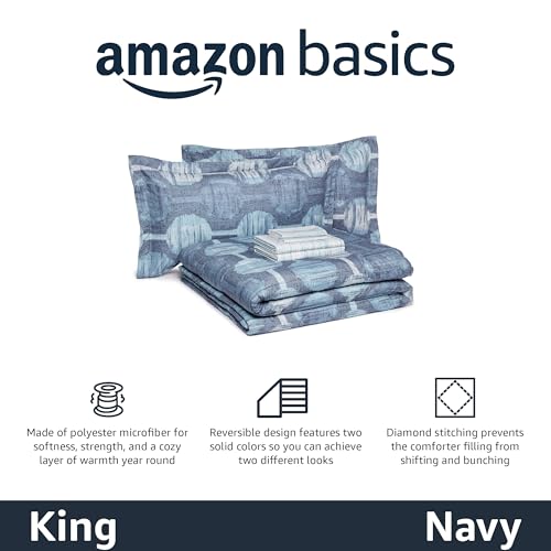 Image of Amazon Basics Lightweight Microfiber Comforter Sets, 7 Pieces, King Size, Navy Geometrics