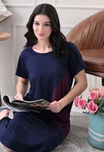Image of Women's Night Dress Short Sleeve Round Neck Sleepwear with Stylish Contrast Panel, Comfortable Nightwear for Women