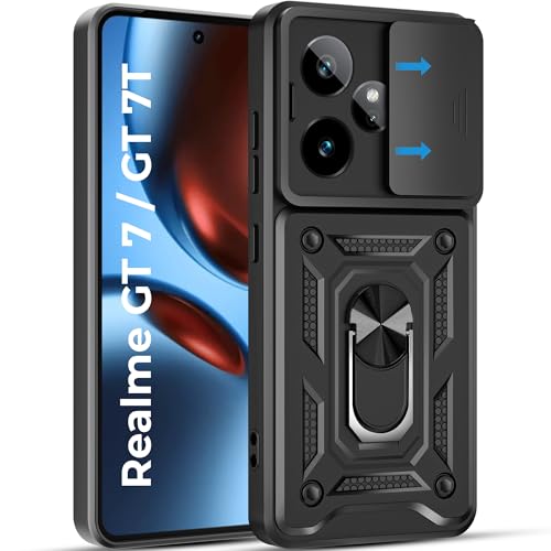 Image of A rtistque Armor Bumper Back Case Cover for Realme GT 7 5G / Realme GT 7T 5G| Stylish Ring Holder & Inbuilt Stand | Sliding Camera Cover | TPU Protective Design | Realme GT 7 Back Cover - Black