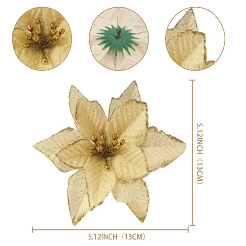 Kepato Christmas Tree Decorations Clearance 12 Pack Gold Xmas Glitter Poinsettia Artificial Flowers Christmas Ornaments #TOP2