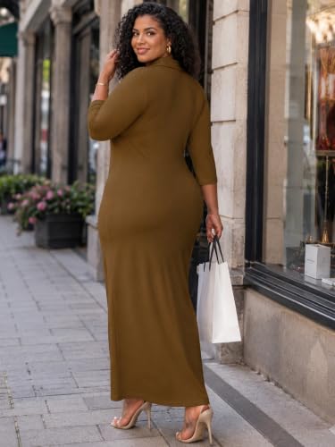 Image of PinkPatty Women's Casual 3 /4 Sleeve Polo V Neck Bodycon Maxi Dress | Semi formal, modest style, long fitted, versatile for church, work, business, office and daily wear