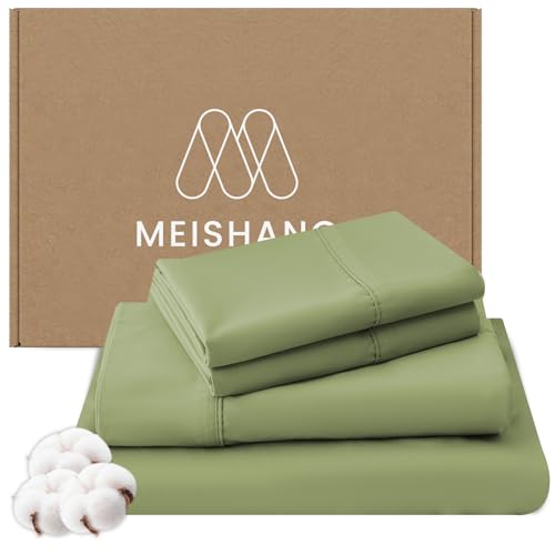 MEISHANG 1000 Thread Count Egyptian Cotton Sheets King - 100% Egyptian Cotton Sheet Set, Sateen Weave, Soft & Breathable, 16" Deep Pockets - 4 Piece (King, Olive Green)