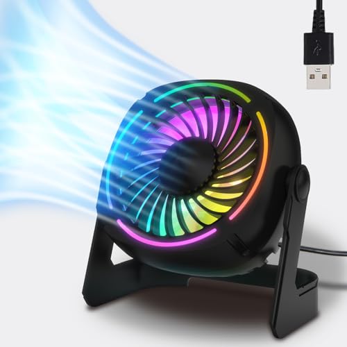 Small USB RGB Desk Fan Portable Table Fan with 3 Levels Air Flow,8 Color LED Lights, 360° Rotation,Quiet Mini Personal Fan for Home Office Desktop (UF-4B)
