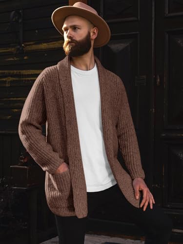 Image of Runcati Mens Shawl Collar Long Cardigan Casual Knit Open Front Sweater Fall Winter Thermal Cardigan Sweater