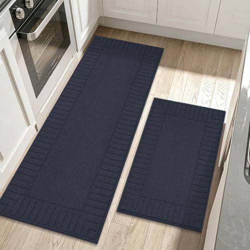 BEQHAUSE Kitchen Rugs Non Slip Washable 2PCS, 24"x35"+24"x60", Navy Blue