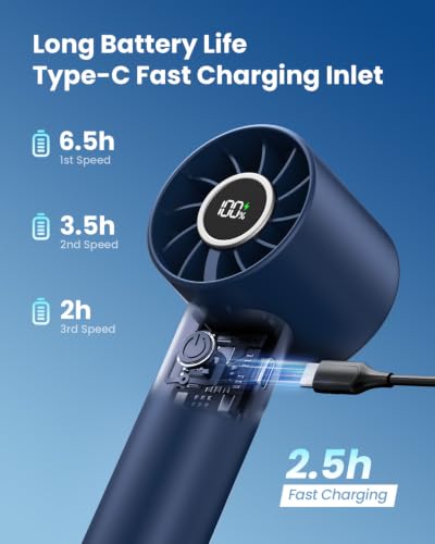 Image of Gaiatop Portable Mini Fan, 3 Speed Handheld Fans with Power Display Flashlight, USB Rechargeable Battery, Lightweight Personal Cooling for Women Men Indoor Outdoor Travel Navy Blue