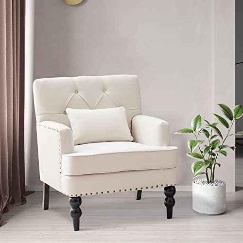 Huimo Tufted Club Chair Set Of 2,Accent Chair With Lumbar Pillow, Upholstered Button Armchair, Fabric Sofa Chairs For Bedroom, Living Room, Mid Century Modern With Studded Reading Chair(2,Beige) #TOP2