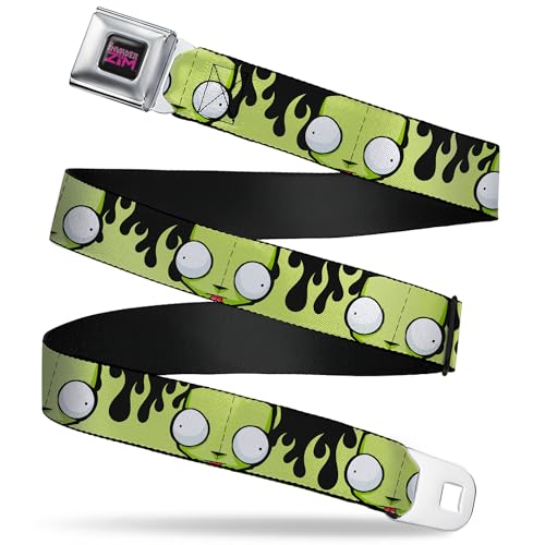Nickelodeon Belt, Seatbelt Buckle Belt, Invader Zim Gir Face and Flames Black Green, Youth 20 to 36 Inches