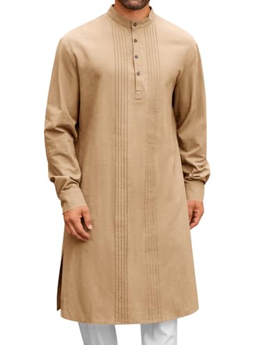 Image of Runcati Mens Kaftan Robe Button Down Long Sleeve Cotton Linen Thobe Casual Muslim Gown Henley Shirt