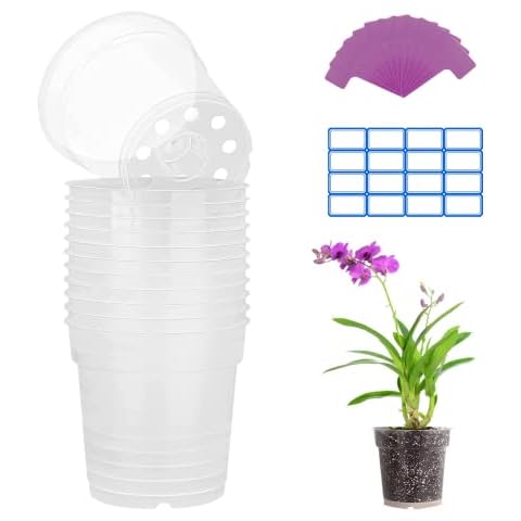 Clear Orchid Pot, PHUNAT 12PCS 4.5'' Transparent Plastic Plant Pots with Drainage Holes, Orchid Flower Pot Seedlings Pots Seed Pots Flower Plant Container Cover