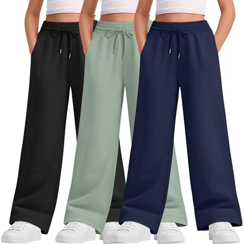 Teen Girls Sweatpants Wide Leg Drawstring Elastic Waist Pants Straight Leg Athletic Trousers with Pockets