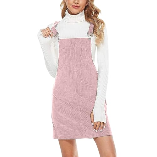 Image of Generisch - Women's A-line Mini Dress, Adjustable Button-Down Strap Dress, Winter Dungaree Dress with Pockets, Elegant Plain Corduroy Dress, Teenager Girls Winter Dresses, Loose Casual Dress, pink, L