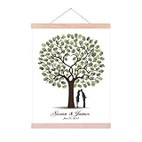 Customized Wedding Guest Book Lover Kissing Under The Tree DIY Guest Sign in Book Fingerprint Canvas Painting with Wooden Hanger for Wedding Gift Party Decor-60x80cm