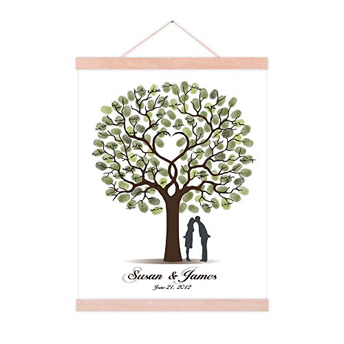 Customized Wedding Guest Book Lover Kissing Under The Tree DIY Guest Sign in Book Fingerprint Canvas Painting with Wooden Hanger for Wedding Gift Party Decor-60x80cm
