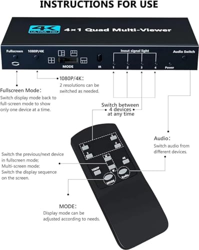 Image of Tobo HDMI 4x1 Multi-viewer switcher 4K Seamless Quad Screen Real Time Multi Viewer Splitter 4 in 1 Out HDMI Switch Adapter with IR Remote Control TD-967H.