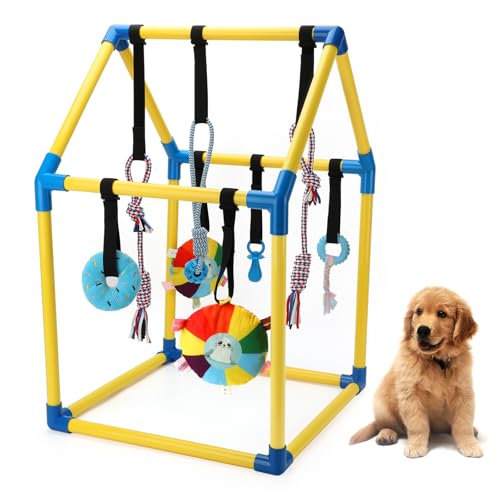 Lonepetu Puppy Play Gym with 8 Hanging Toys, Indoor Jungle Gym Toys for Small Dogs with PVC Frame, Interactive Puppy Toy with Bungee Straps for Entertainment Funny Teething and Mental