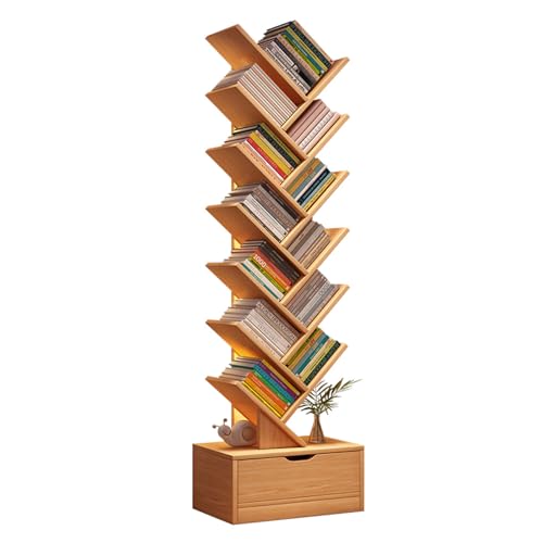 EstanteríA Tree, EstanteríA Alta Con CajóN, EstanteríA De Pie, EstanteríA De Madera Independiente Para Espacios Reducidos, Organizador De Libros Para Oficina En Casa Y Sala De Estar wood 6th floor
