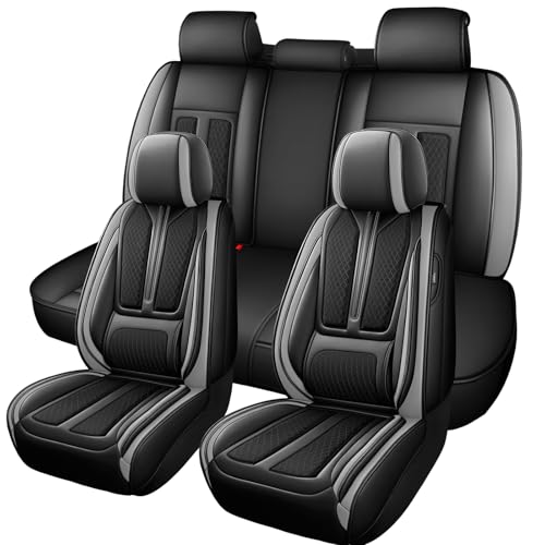 Image of Seat Covers Full Set,Nappa Leather Car Seat Covers for Front and Back,Waterproof Universal Fit Car Seat Cushion,Automotive Seat Protector for Most Sedans SUV Pick-Up Truck Sedans,Black&Grey