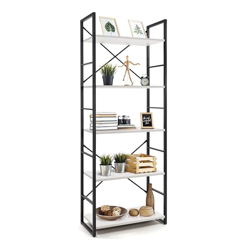 Image of CAPHAUS 5 Tier Bookshelf, 24 Inch Width Free Standing Shelf, Bookcase Shelf Storage Organizer, Industrial Book Shelves for Home Office, Living Room, Kitchen, White Shelves & Metal Frame