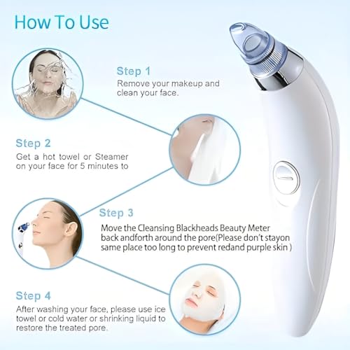 Image of Derma Suction Pore Cleaner - Blackhead Remover Vacuum Device with Suction Heads - Electric Facial Skin Cleanser for Acne, Oil & Dead Skin Removal - Gentle for All Skin Types (White 4 D Suction)