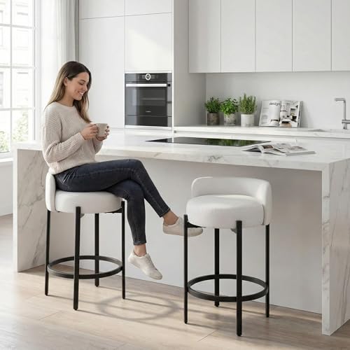 Image of LukeAlon Modern PU Leather Counter Stools Set of 4, Upholstered 26 inch Seat Height Barstools with Black Metal Legs Round Low Back Kitchen Stools with Footrest for Dining Room Small Places, Cream White