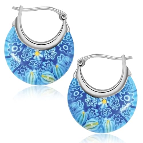 murano style millefiori glass hoop earrings for women trendy - fun earrings floral colorful flower statement hoops stainless steel everyday jewelry teacher birthday gifts 116g