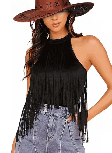 Ella Lust Women Western Fringe Bodysuit - Cowgirl Country Concert Outfit Boho Tassel Hem High Cut Skinny Festival Tank Top