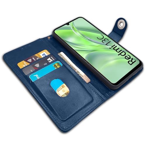 Image of Pikkme Redmi 13C 4G | Poco C65 Flip Cover Leather Finish | Inside TPU with Card Pockets | Wallet Stand and Shock Proof | Complete Protection Button Flip Case (Blue)