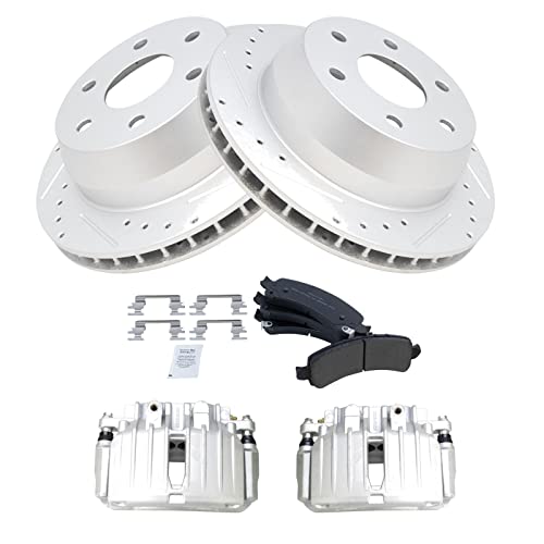 Image of TRQ Performance Rear Brake Pad & Rotor Set Semi Metallic Coated Drilled Slotted Vented Rotors Calipers for 02 Cadillac Escalade Chevrolet Avalanche 1500 Suburban 1500 Tahoe GMC Yukon & XL 1500