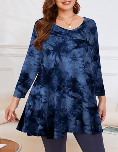 Image of LARACE Tunics 3 /4 Sleeve Plus Size Tops for Women V Neck Loose Fit Flowy Clothing for Leggings