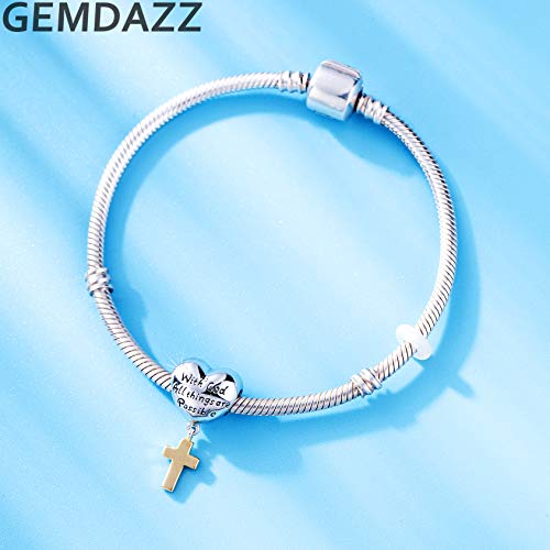 Golden Cross Religious Heart Charms With God All Things Are Possible, 925 Sterling Silver Christian Beads Fit Pandora Christmas Bracelet, Gift For Birthday/Easter/Mothers Day/Grandma #TOP1