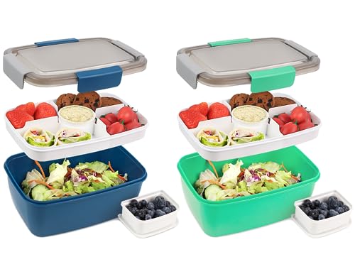 Bugucat Bento Box 2000ML 2 Set, Lunch Box Lunch Container to Go with 4 Compartment Tray, Salad Bowl with Dressing Container, Meal Prep to Go Containers for Food Fruit Snack, Built-in Reusable Spoon