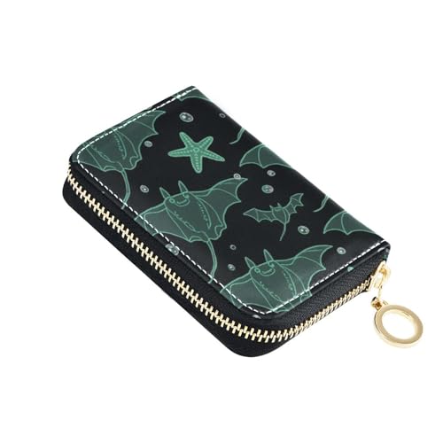 Childish Animal Manta Ray Fish Black Green leather card case wallet women With 9 cards slot RFID Blocking credit card holder with zipper
